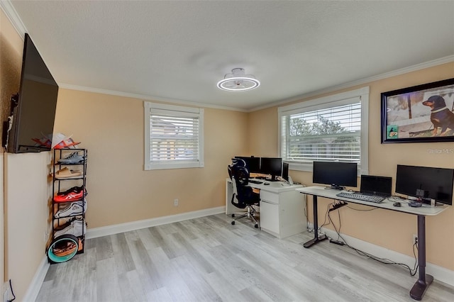 office area featuring crown molding and light hardwood / wood-style flooring