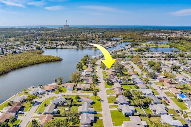 drone / aerial view featuring a water view