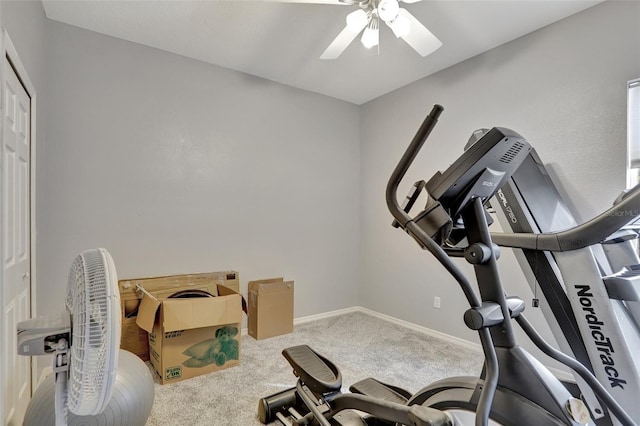 workout area with carpet floors and ceiling fan