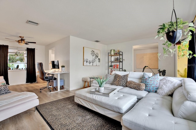 living room with ceiling fan and hardwood / wood-style flooring