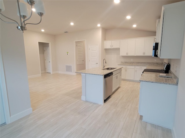 kitchen with dishwasher, a kitchen island with sink, sink, white cabinetry, and stove