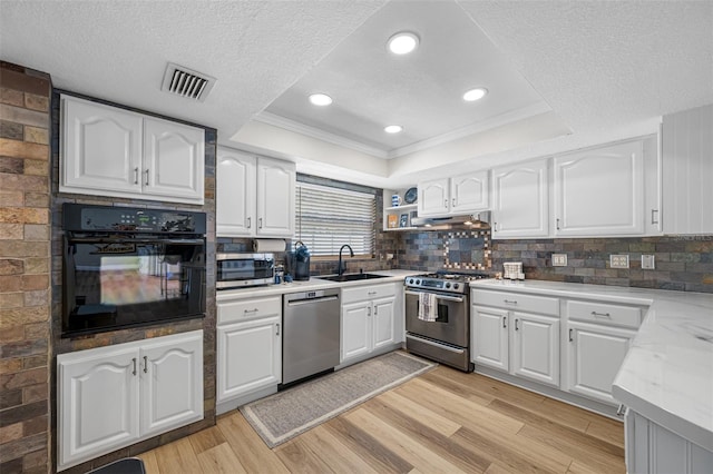 kitchen with white cabinets, a tray ceiling, and stainless steel appliances