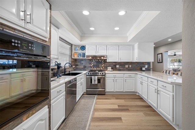 kitchen with kitchen peninsula, appliances with stainless steel finishes, a raised ceiling, and white cabinets