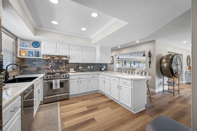 kitchen featuring white cabinetry, appliances with stainless steel finishes, a raised ceiling, and kitchen peninsula