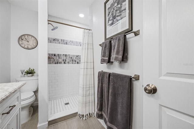 bathroom featuring toilet, vanity, and curtained shower