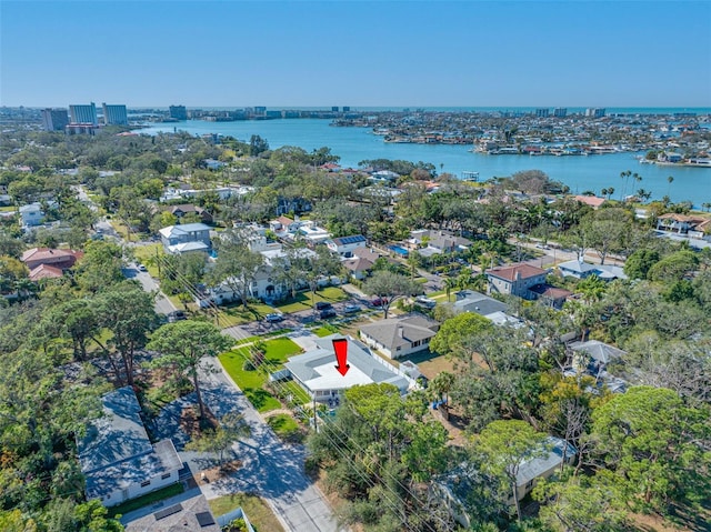 aerial view featuring a water view