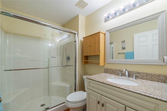 full bath with toilet, a stall shower, visible vents, and vanity