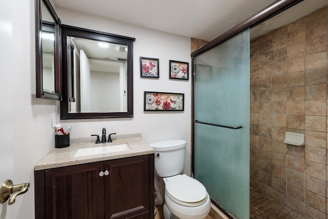 bathroom with toilet, walk in shower, and vanity