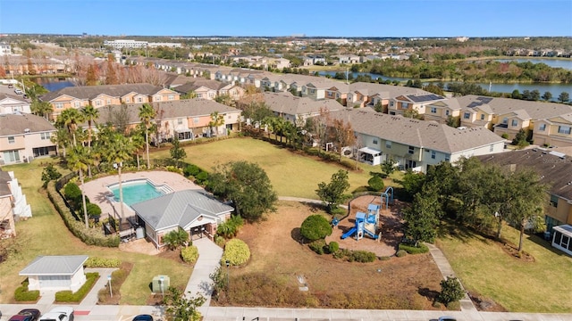 drone / aerial view featuring a water view