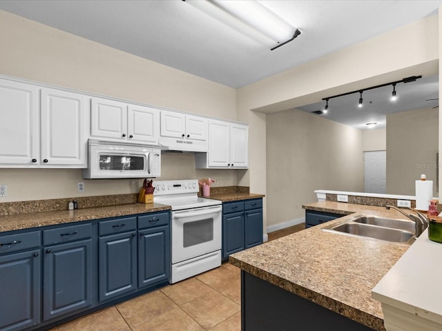 kitchen with blue cabinetry, white appliances, white cabinetry, and sink