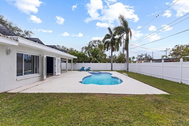 view of pool featuring a patio area and a yard