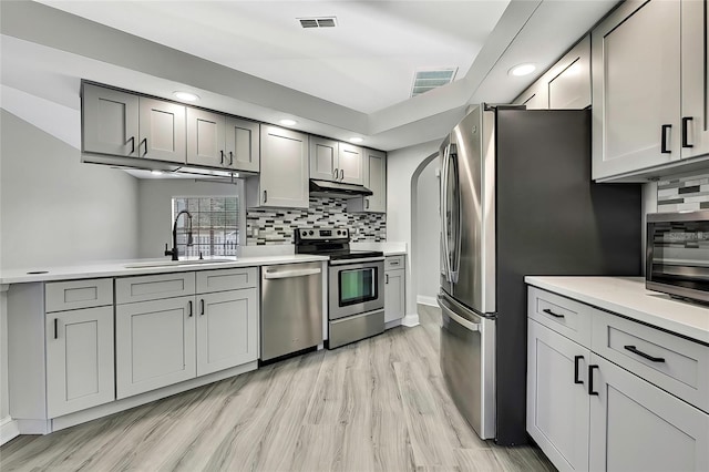 kitchen with backsplash, gray cabinetry, stainless steel appliances, sink, and light hardwood / wood-style floors