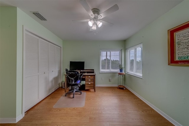 office space featuring light wood-type flooring and ceiling fan