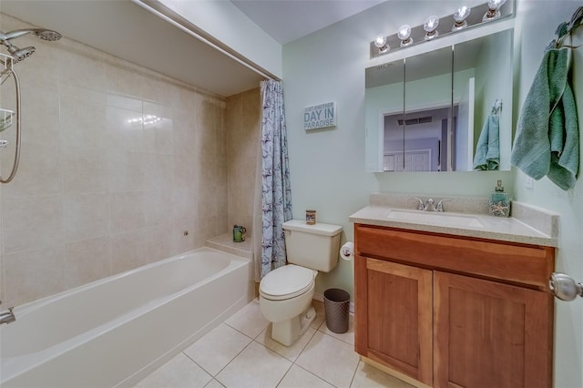 full bathroom with toilet, vanity, shower / tub combo with curtain, and tile patterned flooring