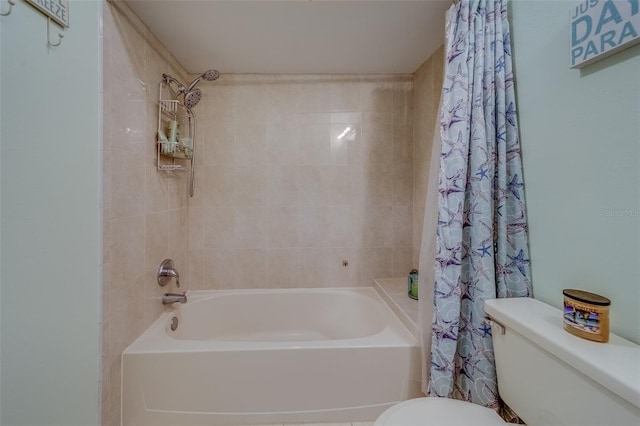 bathroom with toilet and shower / bathtub combination with curtain