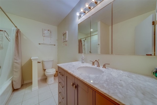 full bathroom with toilet, shower / bath combination with curtain, tile patterned floors, and vanity