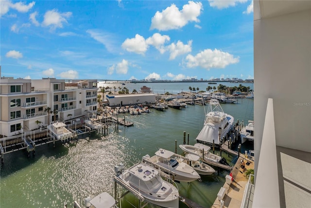 view of water feature with a dock