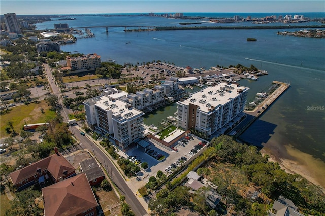 bird's eye view with a water view