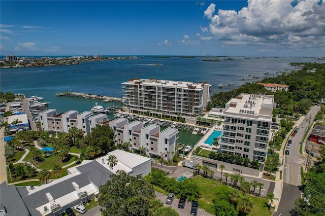 drone / aerial view with a water view