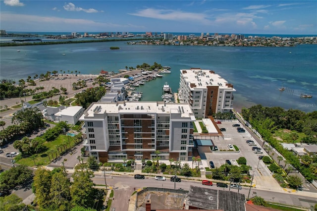 aerial view featuring a water view