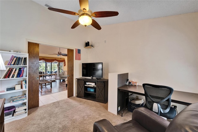 living room featuring light colored carpet and a textured ceiling