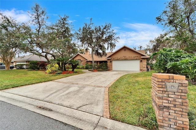 single story home featuring a garage and a front yard