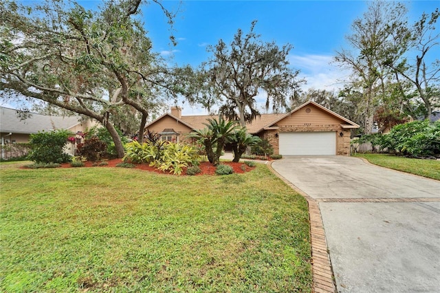 ranch-style house with a front yard and a garage