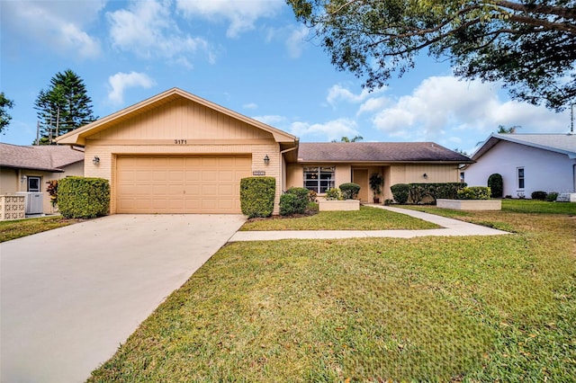 ranch-style home with central AC unit, a garage, and a front yard