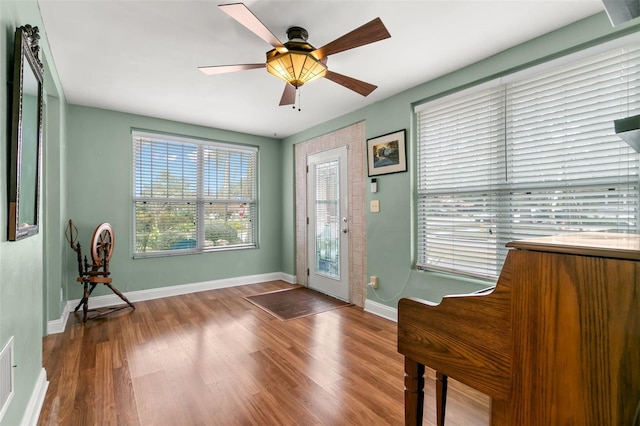 foyer with ceiling fan and wood-type flooring