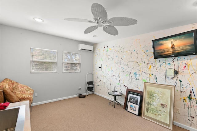 sitting room featuring a wall mounted AC, ceiling fan, and light carpet