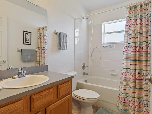 full bathroom featuring toilet, tile patterned flooring, shower / bath combo with shower curtain, and vanity