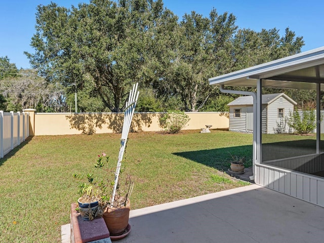 view of yard featuring a storage unit and a patio area