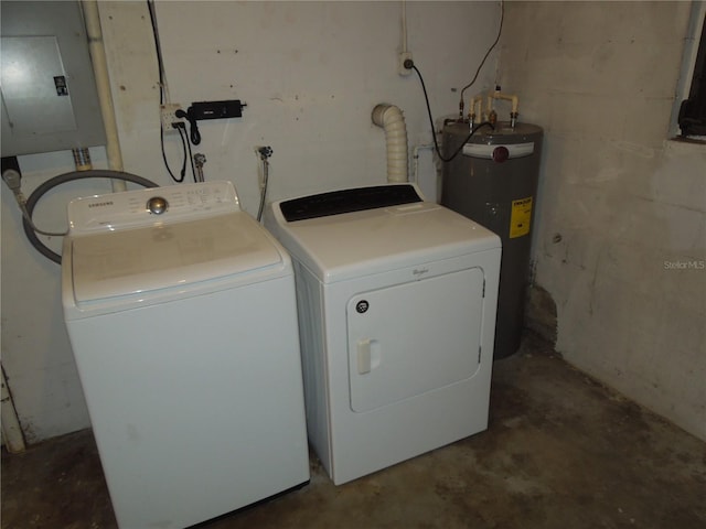 washroom with electric panel, washing machine and clothes dryer, and electric water heater