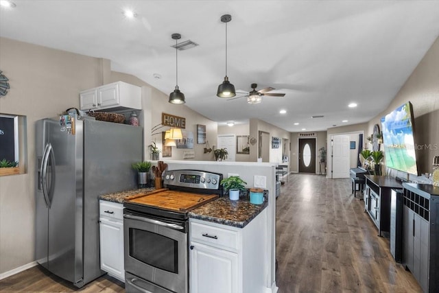 kitchen with decorative light fixtures, white cabinets, ceiling fan, dark hardwood / wood-style floors, and appliances with stainless steel finishes