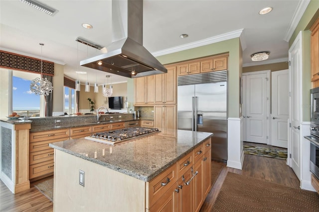 kitchen featuring island exhaust hood, kitchen peninsula, stainless steel appliances, sink, and a kitchen island