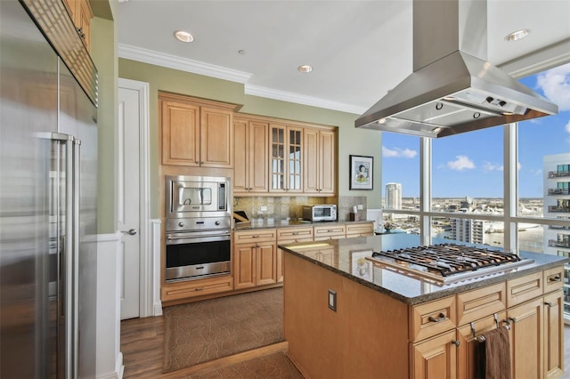 kitchen with dark stone countertops, crown molding, island range hood, a kitchen island, and appliances with stainless steel finishes