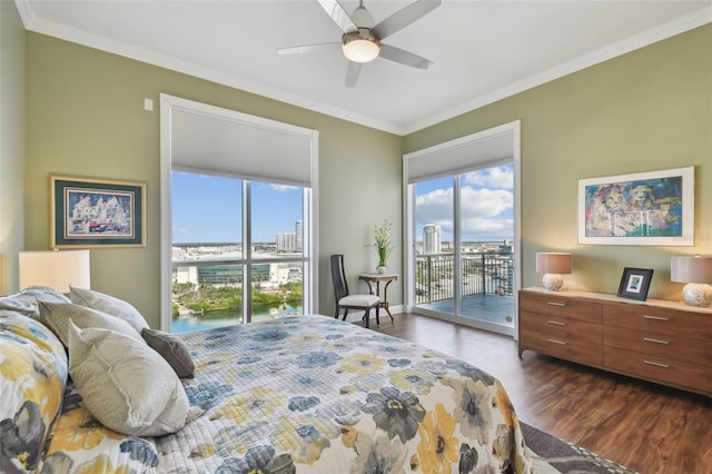 bedroom with ceiling fan, dark hardwood / wood-style flooring, access to exterior, and ornamental molding