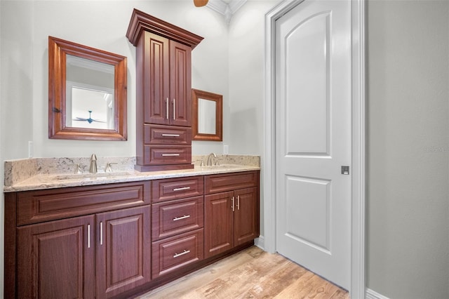 bathroom featuring vanity, hardwood / wood-style flooring, and ornamental molding