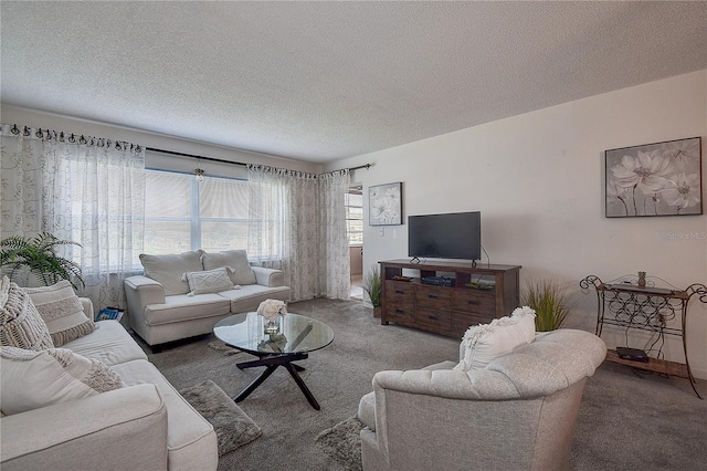 living room with a textured ceiling and carpet floors