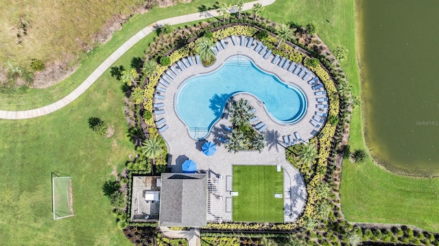 drone / aerial view featuring a water view