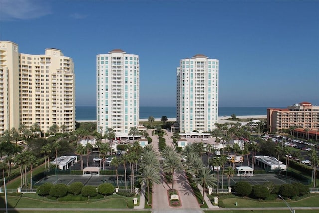 exterior space with a water view