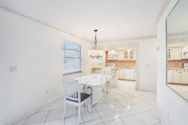 tiled dining space with ornamental molding