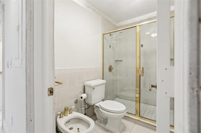 bathroom featuring walk in shower, toilet, tile walls, tile patterned floors, and a bidet