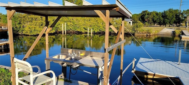 view of dock featuring a water view and sink