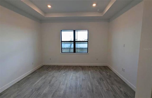 spare room featuring a raised ceiling and dark hardwood / wood-style flooring