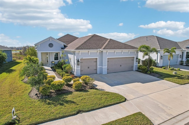 view of front of home with a garage, a front yard, and covered porch