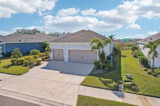 view of home's exterior with a garage and a lawn