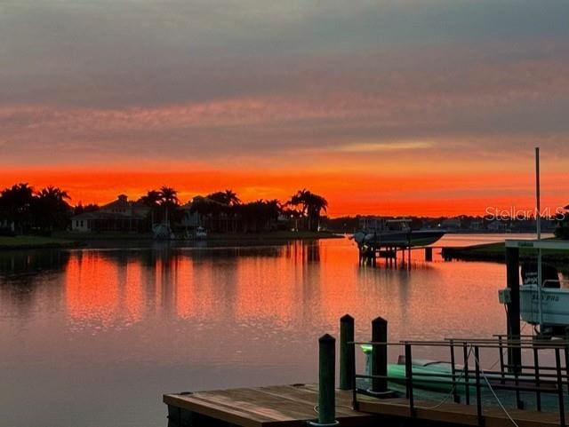 view of water feature with a dock