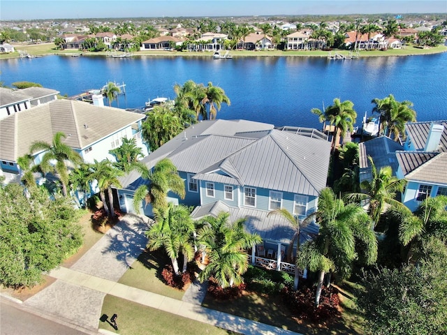 drone / aerial view featuring a water view