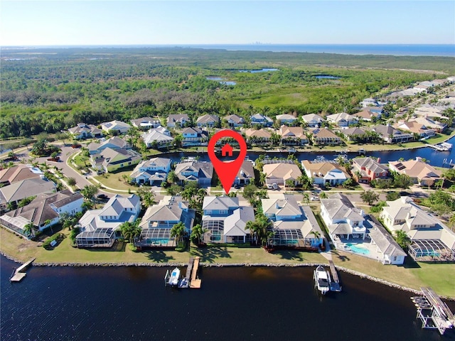 aerial view featuring a water view